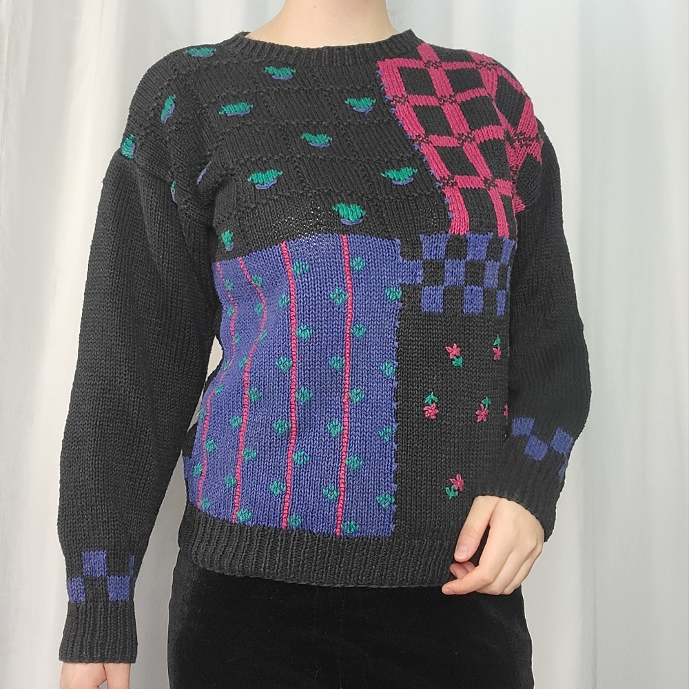 80s Woodstock Intl Knit Flowers Sweater, s/m